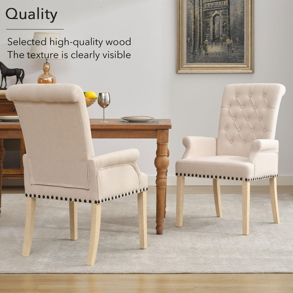adochr Upholstered Fabric Accent Dining Chair, Elegant Tufted Club Dining Room Kitchen Room Arm Dining Chair, Beige adochr