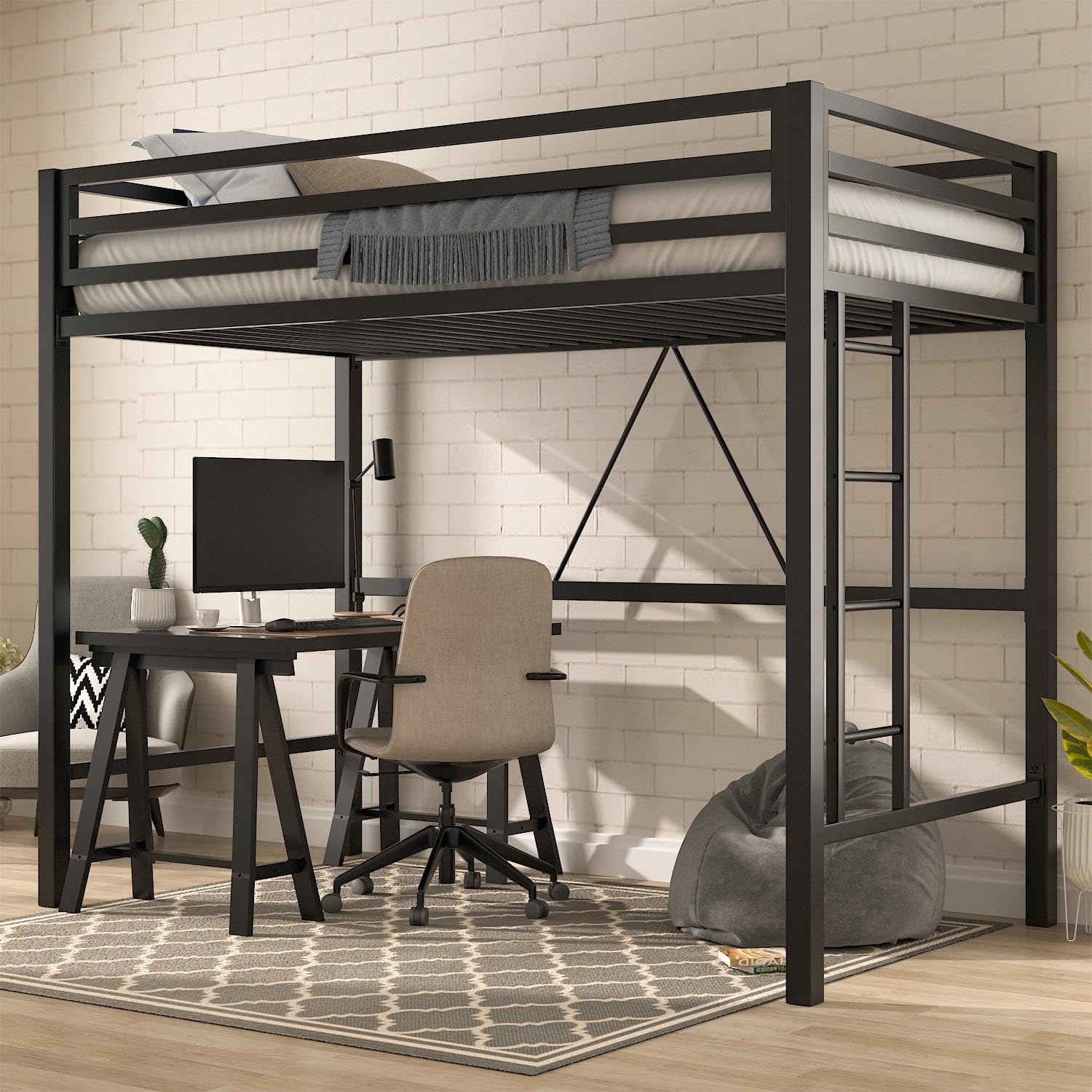 MUTICOR Twin Size Metal Loft Bed Frame with Safety Guardrail and Removable Ladder in Matte Black - WoodArtSupply