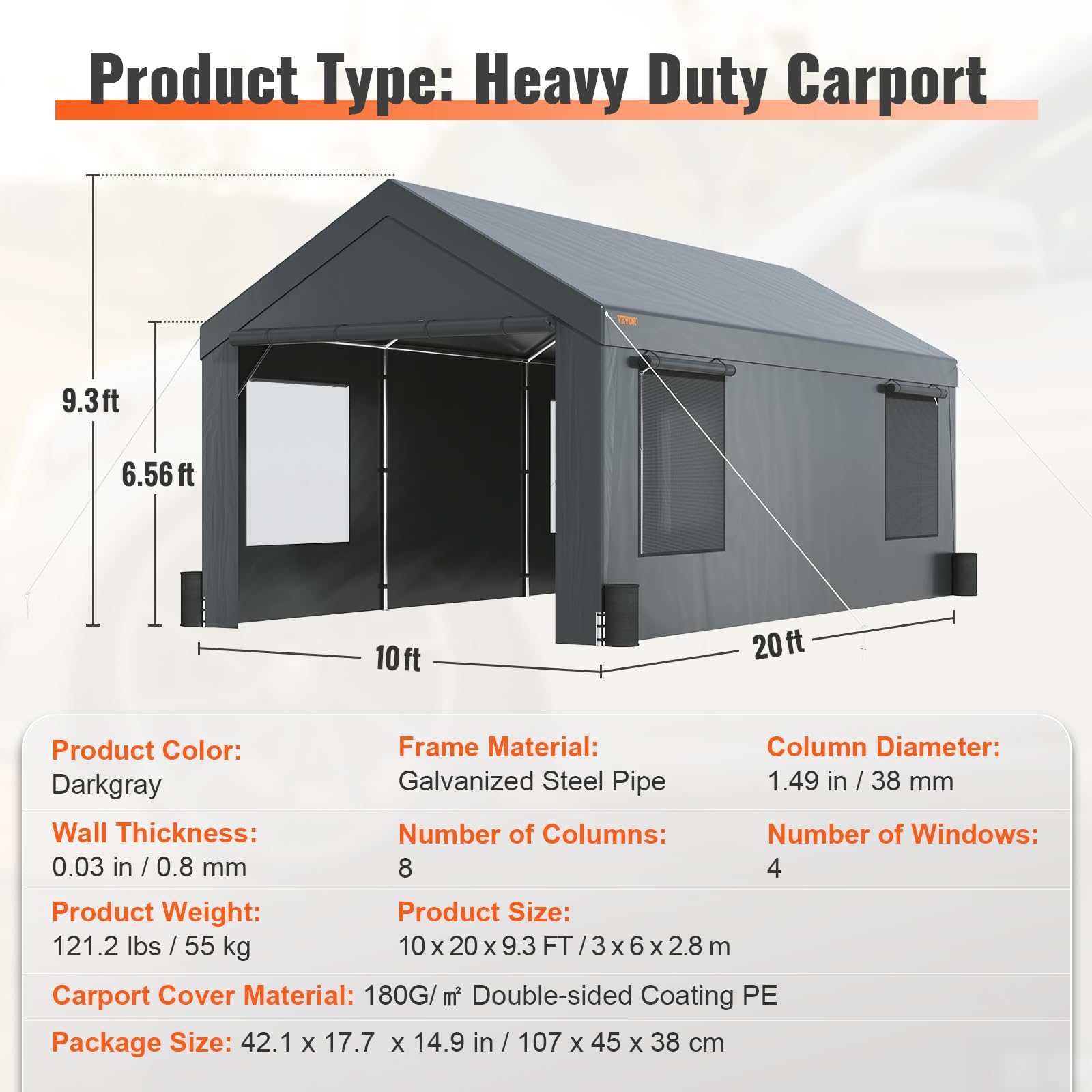 VEVOR Carport, 10x20 ft Heavy Duty Portable Garage with Roll-up Windows & Removable Sidewalls, UV Resistant Waterproof All-Season Car Canopy for SUV, Car, Truck, Boat - WoodArtSupply