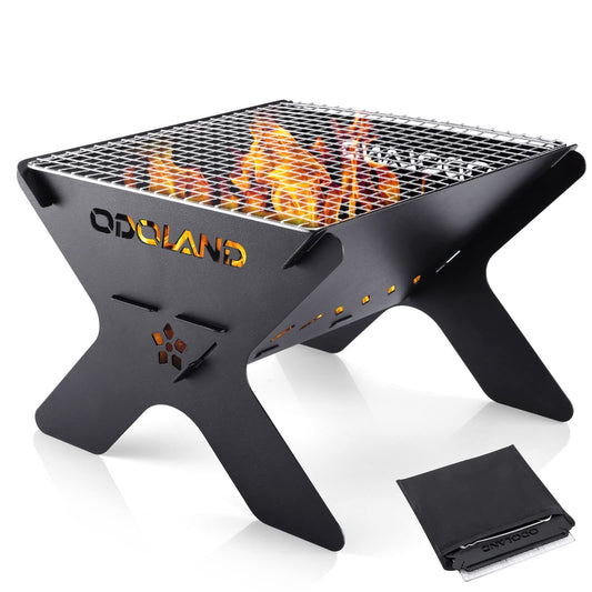 Odoland Camping Campfire Grill, Portable Folding Charcoal Grills, Backpacking BBQ Grill, Heavy Duty Firepit Grill with Carry Bag for Outdoor Cooking, Bonfire, Patio, Backyard