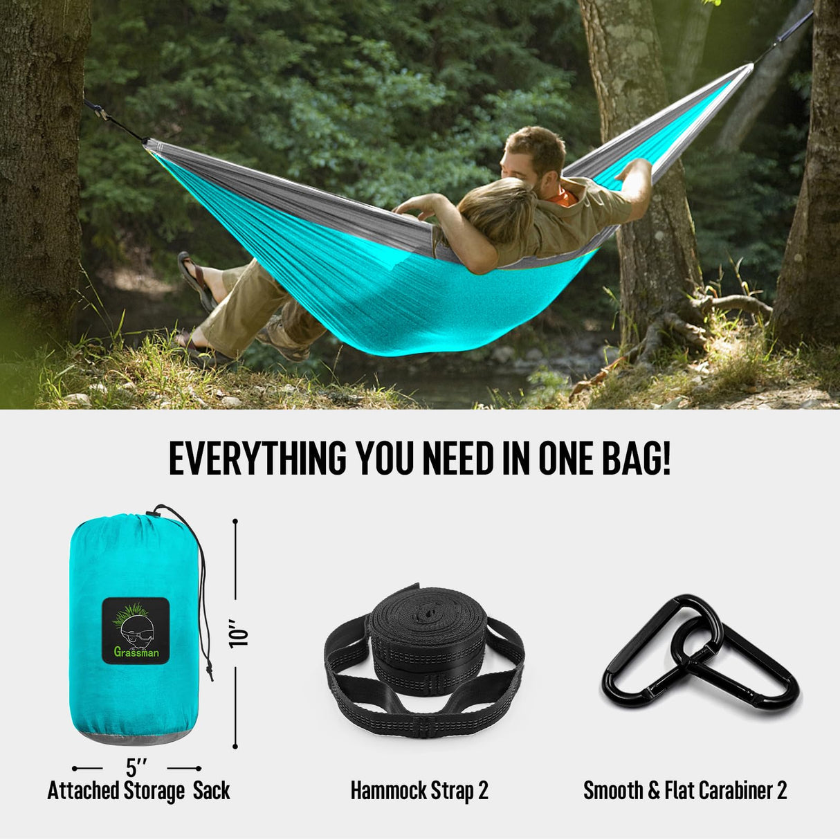 Camping Hammock Double & Single Portable Hammock with Tree Straps, Lightweight Nylon Parachute Hammocks Camping Accessories Gear for Indoor Outdoor Backpacking, Travel, Hiking, Beach Grassman