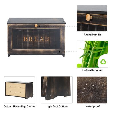 HOMEKOKO Large Wood Bread Box for Kitchen Counter, Retro Design Single Layer Bamboo Large Capacity Food Storage Bin (Vintage Black)