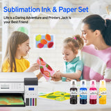 Printers Jack Sublimation Ink & 150 Sheet Sublimation Paper 8.5x11’’ 120G, 2 Pack Teflon Sheet, Heat Tape compatible for Inkjet Printer ET-2800 ET-15000 ET-2803 ET-2760 ET-2400 ET-4700 ET-4800 ET-2720 Printers Jack