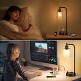 Industrial Table Lamps for Bedrooms Set of 2 - Fully Dimmable Bedside Lamps with USB A and C Ports and Outlet, Black Nightstand Lamps with Glass Shade for Living Room, Desk Lamps for Office Reading Innqoo