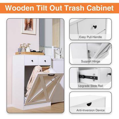 Walmokid White Tilt Out Trash Cabinet, Wooden Kitchen Trash Can Cabinet w/Hideaway Drawers, Dog Proof Trash Can Holder, Free Standing Tilt Out Laundry Hamper 10 Gallon - WoodArtSupply