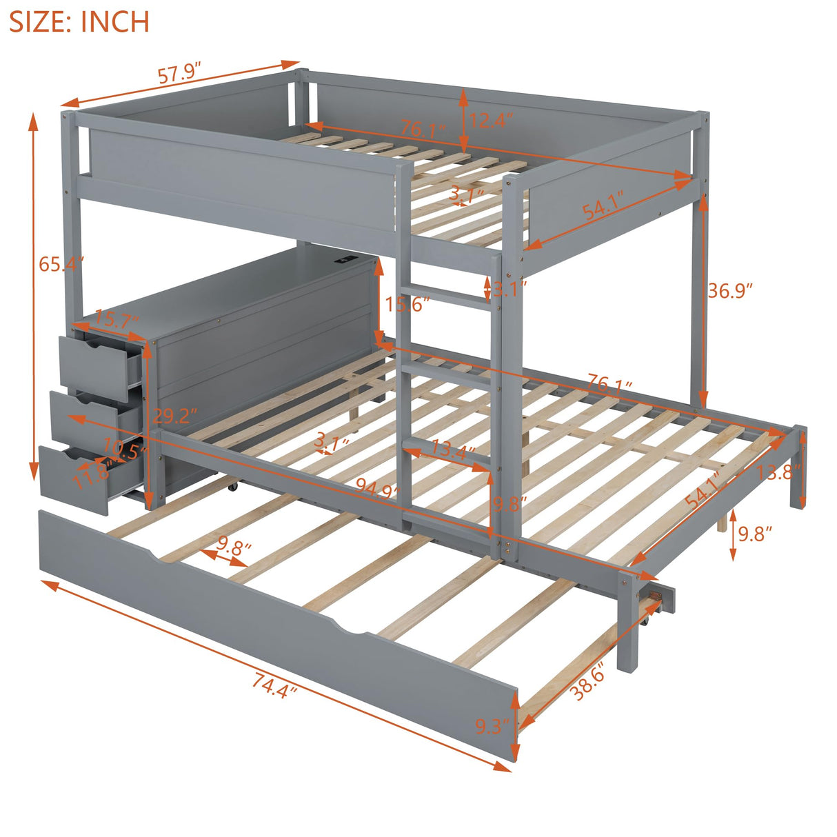 Merax Full Over Full Bunk Bed with Twin Size Trundle, Under-Bed Desk and Storage Drawers, No Box Spring Needed Merax