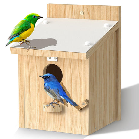 Bird Houses for Outside, Bluebird House with Standing Perch, Hanging Wood Bird House with Waterproof Acrylic Plate for Small Birds Bluebird Finch Swallow Wren Chickadee Assembly Required Chuiendi