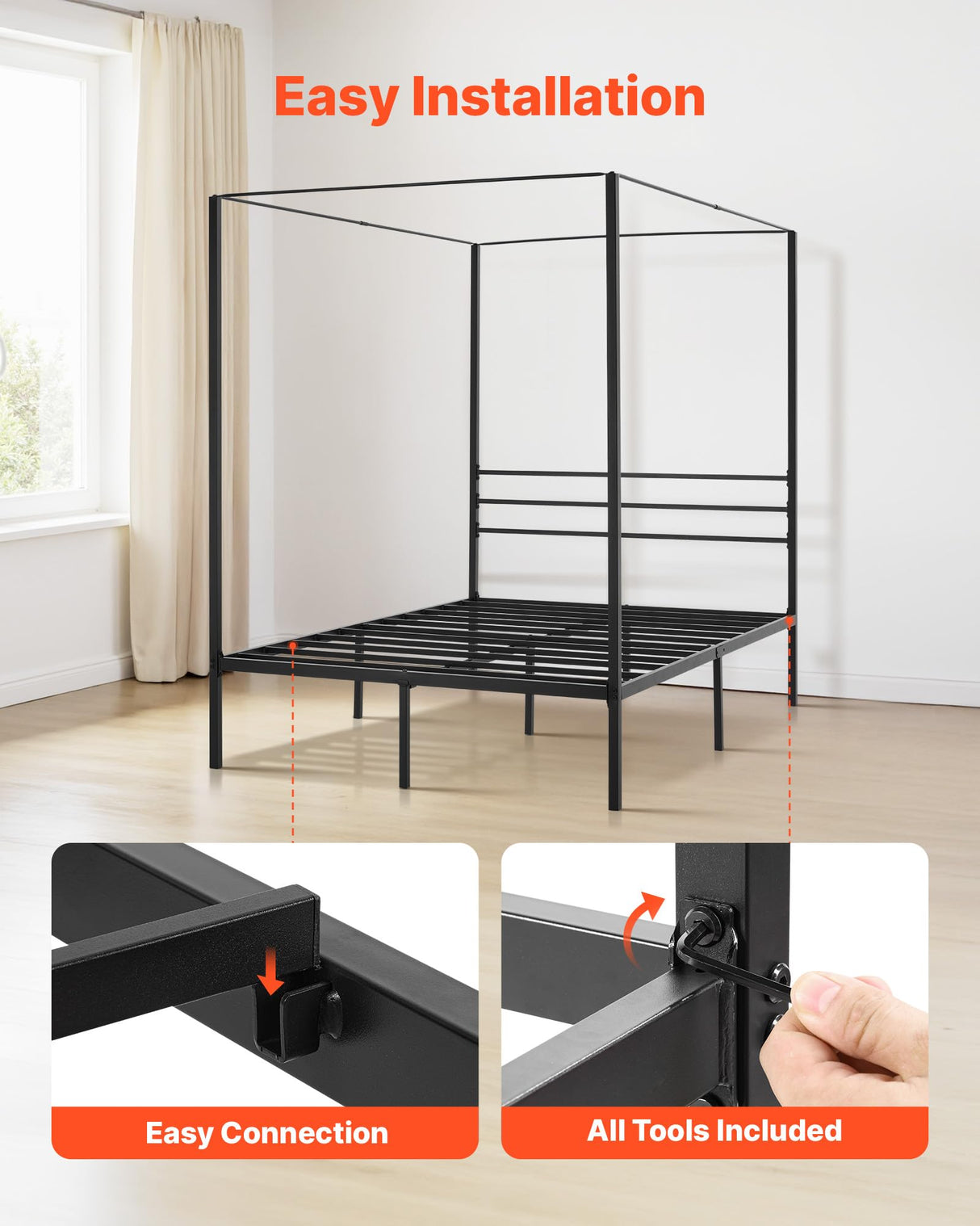VEVOR Canopy Bed Frame Full Size, Metal Canopy Bed with Four Posters Design, Heavy Duty Steel Slats Support, Underbed Storage Space, No Box Spring Needed, Easy Assembly, Black VEVOR