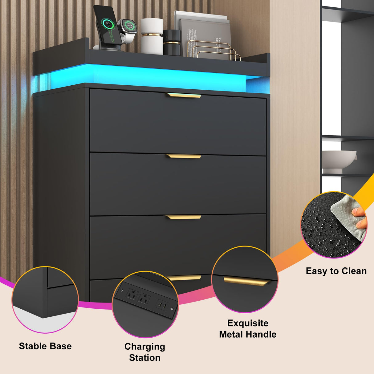 knoworld Black Dresser with LED Lights, Wooden LED Dresser, 4 Drawer Chest with Charging Station, Tall Chest of Drawer Closet Organizer for Bedroom, Living Room, Entryway, Hallway knoworld