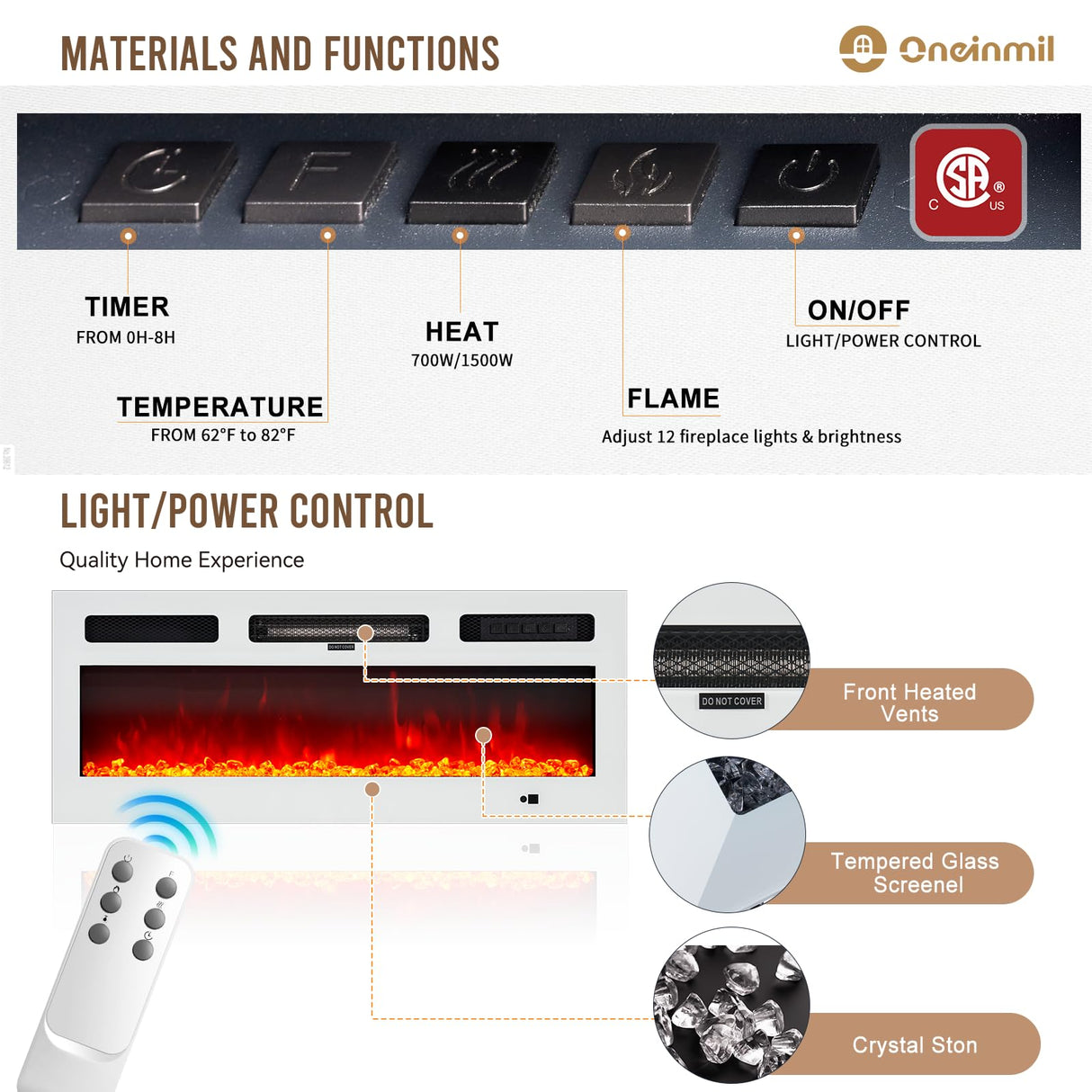 oneinmil Fireplace TV Stand with 36” Electric Fireplace, 70” 2 Tier TV Console Stand for TVs Up to 80", LED Light Entertainment Center, Fireplace for The Living Room TV Stand, White oneinmil