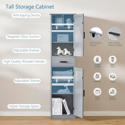 usikey 67“ Tall Bathroom Cabinet, Storage Cabinet with 4 Shelves & 2 Doors, Narrow Storage Cabinet for Bathroom, Living Room, Home Office, Grey