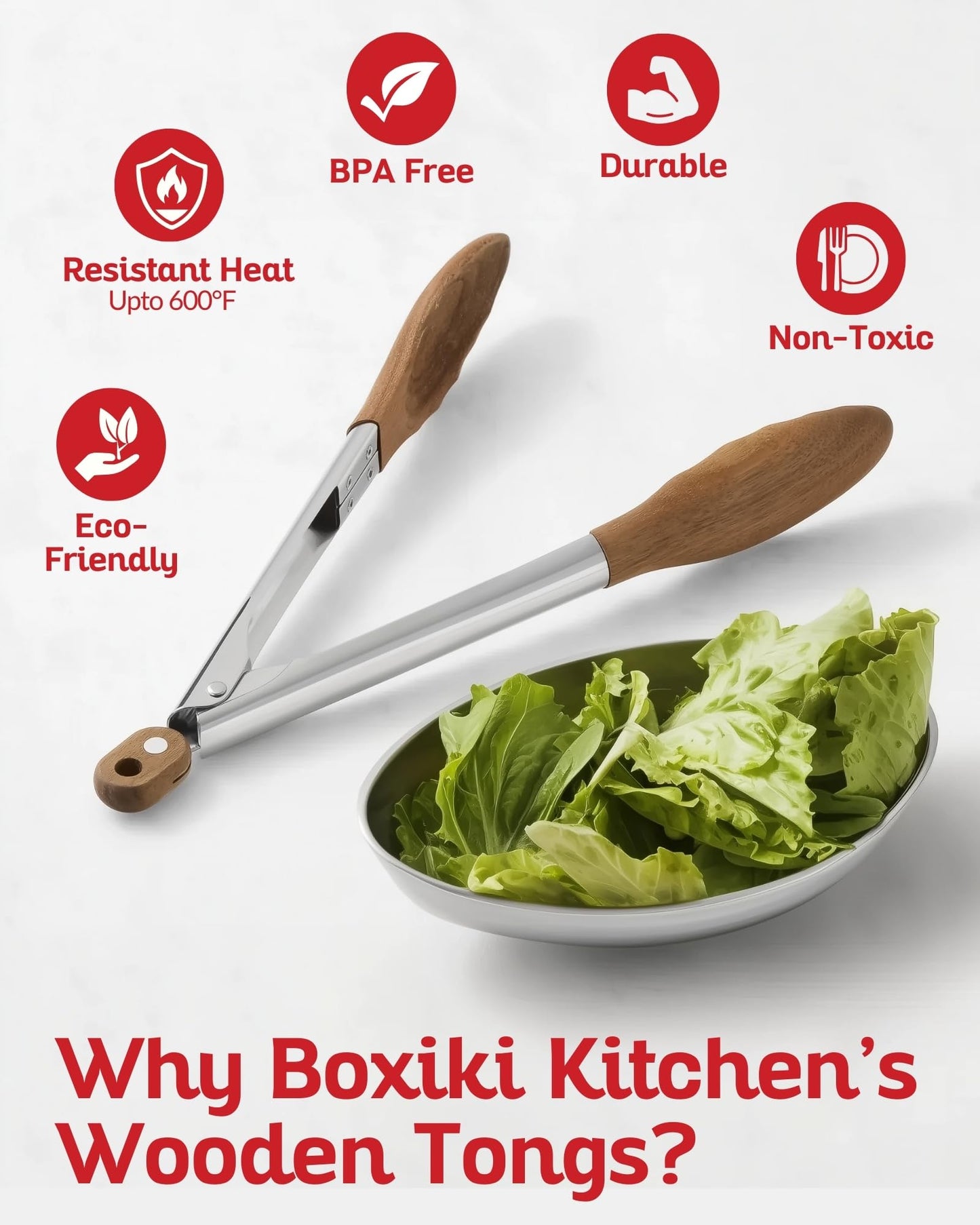 Boxiki Kitchen Tongs for Cooking with Wooden Tips - Nonstick Cooking Tongs & Salad Tongs for Serving Food, Grilling, Cooking, BBQ and Tossing Salad - Made of Natural Walnut Wood, Size 12-inch