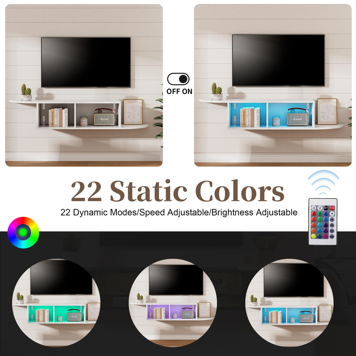 Algglobuy 59'' Modern TV Stand with Power Outlet, LED Entertainment Center with Open Storage Shelves for TVs up to 65 Inch, TV Media Console Table for Living Room, Bedroom (White) Algglobuy