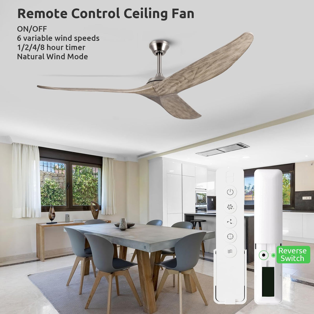 NWIASS 60 Inch Ceiling Fan No Light, Large Outdoor Ceiling Fan without Light with Remote, Premium Grey 3 Blade Solid Wood Ceiling Fan-Brushed Nickel, Modern Quiet DC Ceiling Fan for Patio Exterior NWIASS