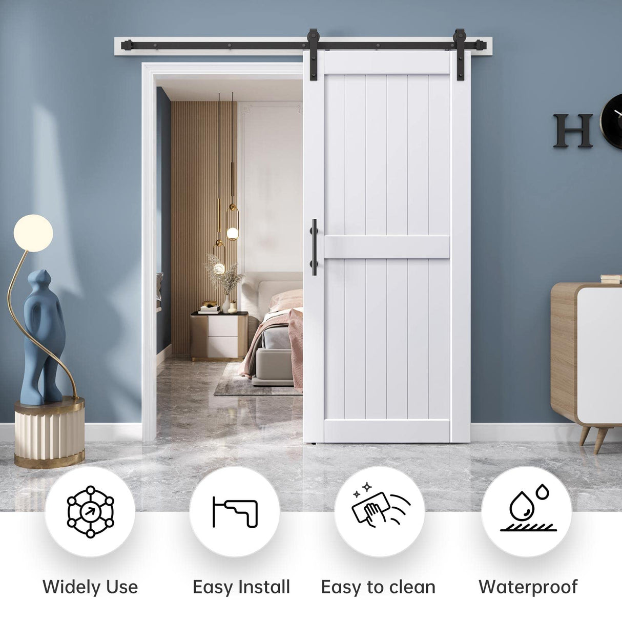 EaseLife 36in x 84in Sliding Barn Door with 6.6FT Barn Door Hardware Track Kit Included,Solid LVL Wood Slab Covered with Water-Proof & Scratch-Resistant PVC Surface,DIY Assembly,Easy Install,White EaseLife