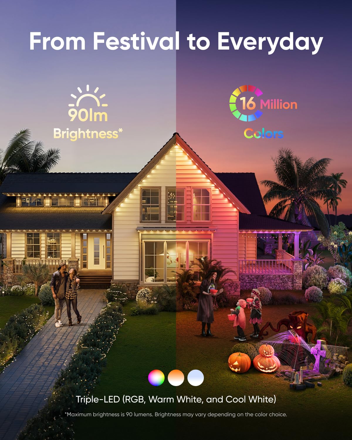 eufy Permanent Outdoor Lights E22, 100ft with 60 Triple-LED Lights, Smart RGBWW for Christmas, Daily and Holiday, IP67 Waterproof, AI Lighting Themes for Christmas Decorations, Links with Cameras eufy