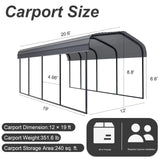 Chilihom Car Port Metal Carport 12 ×20 FT Heavy Duty Carport Kit, Metal Garage Carport Canopy with Galvanized Steel Frame and Roof, Car Tent Shelter Outdoor Storage Shed for Boats and Truck, Charcoal Chilihom