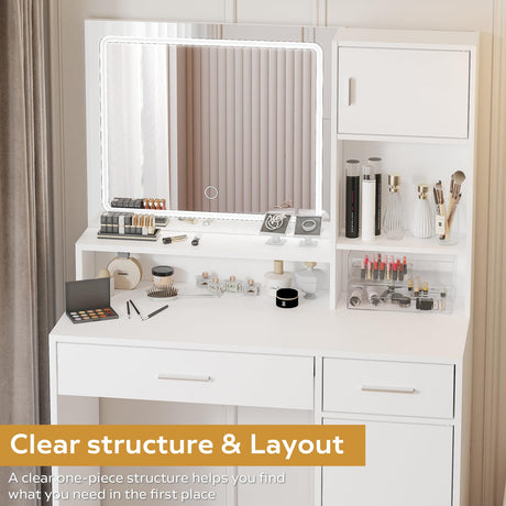 MIRROTOWEL Vanity Desk with Mirror and LED Light Strip,Dressing Table with Large Drawer, 3 Level Storage Dresser & 3 Lighting Modes Adjustable Brightness, Suitable for Bedroom MIRROTOWEL