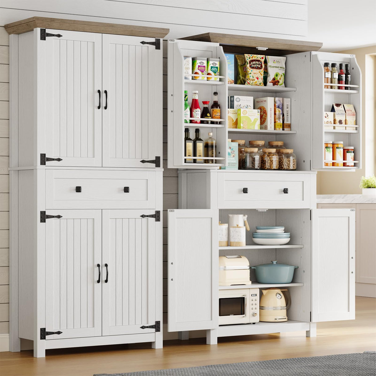 Memobarco 72" Kitchen Pantry Cabinet,Tall Storage Cabinet with 4 Doors Shelves,2 Cabinets,Drawer,Adjustable Shelves,Freestanding Cupboard for Kitchen,Dining Room,Living Room,Laundry,White+Gray Memobarco