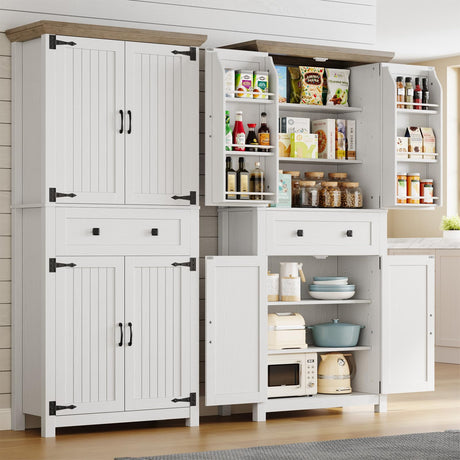 Memobarco 72" Kitchen Pantry Cabinet,Tall Storage Cabinet with 4 Doors Shelves,2 Cabinets,Drawer,Adjustable Shelves,Freestanding Cupboard for Kitchen,Dining Room,Living Room,Laundry,White+Gray Memobarco