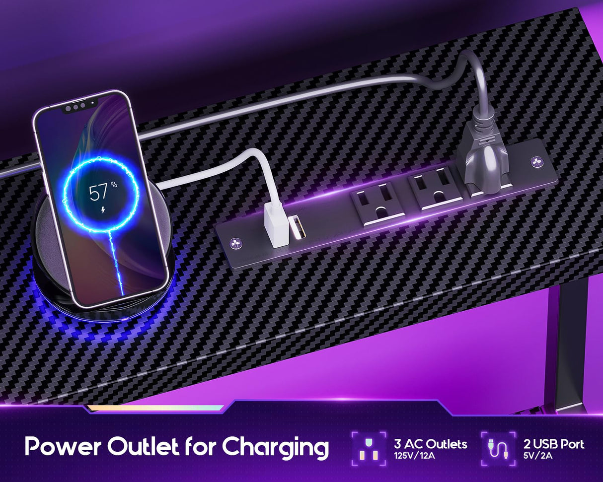 ODK Gaming Desk with Led Lights & Power Outlet, 48 Inch Computer Desk with Drawers, Office Desk with Large Display Storage Shelves, Reversible Desk with Monitor Stand for Home, Carbon Fiber Black ODK