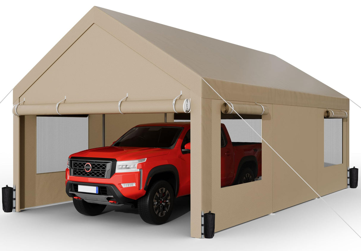 Shintenchi Carport 12' x 20' Heavy Duty Portable Garage, Car Port Canopy with Side-Opening Removable Door & Roll-Up Windows, Car Canopy for Truck,Car,Boat,Motorcycle,Khaki Shintenchi