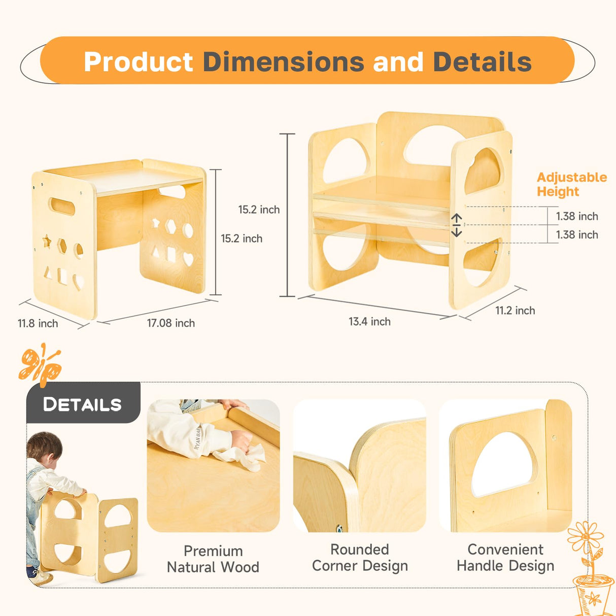 2 in 1 Montessori Weaning Table and Chair Set, Wooden Toddler Table and Chair Set with Blackboards, Adjustable Height Chair Step Stool,1-3 Year Old Kids Montessori Furniture for Boys and Girls Yojoker