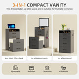 Gurexl 3 in 1 Vanity Desk with Flip Top Mirror,Small Make Up Vanity Set with Visible Glass Desktop,Cushioned Tool,Dressing Table for Bedroom,Compact Makeup Vanity with 3 Drawers,Grey Gurexl