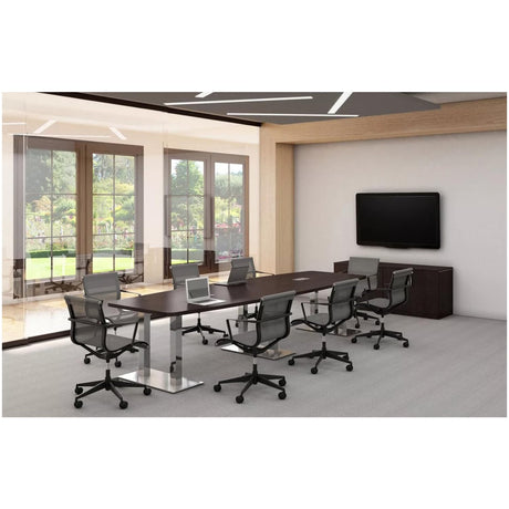 Thaweesuk Shop Espresso Finishes 12 ft Modern Executive Boat Shaped Wood Conference Table Dual Post Metal Legs Grommets Racetrack Black 2 Power Data Modules Boardroom Room Meeting Business Furniture Generic