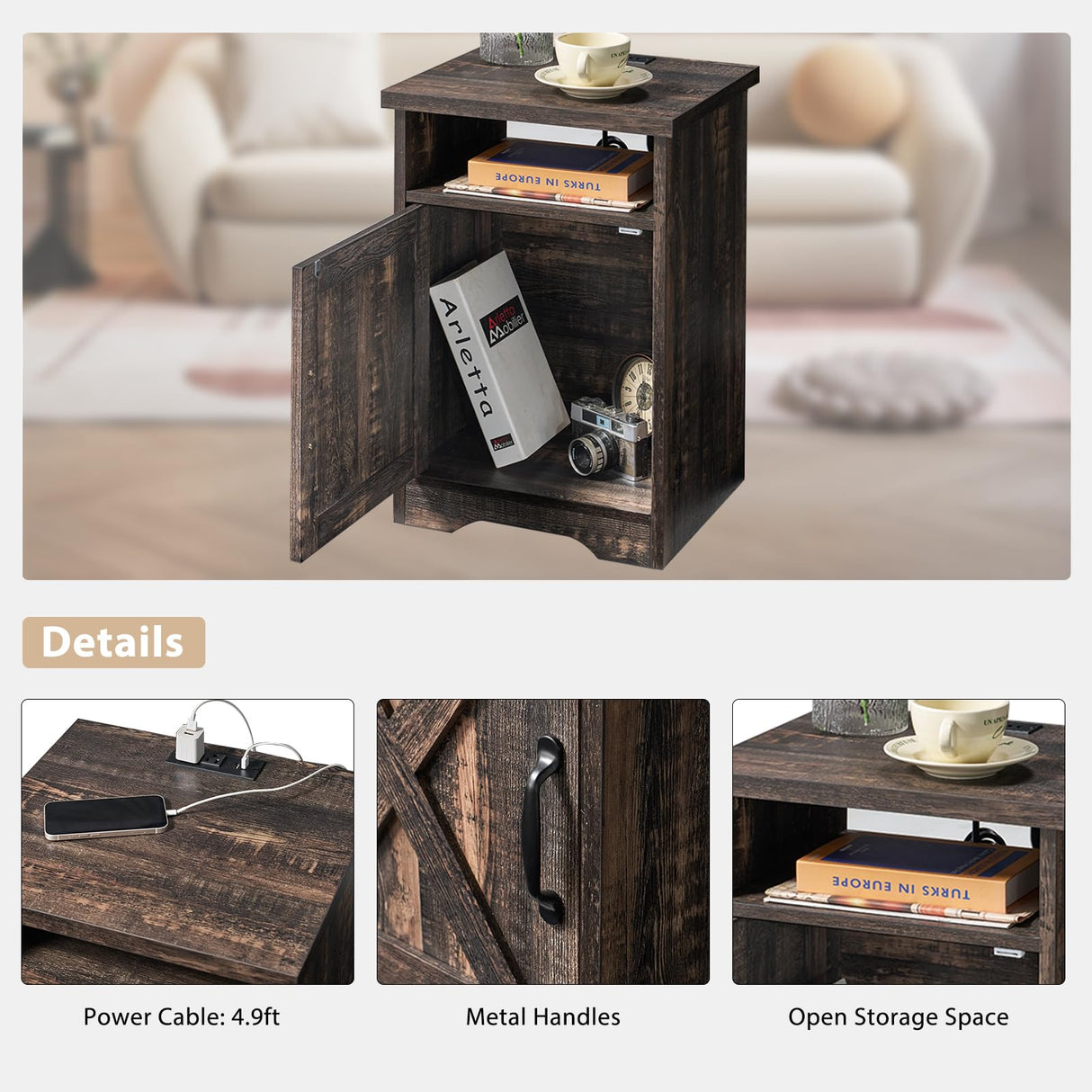 AMERLIFE 3-Piece Farmhouse Table Set Includes Coffee Table& Two End Tables, Side Table with Charging Station and USB Ports, for Living Room, Bedroom,Dark Oak AMERLIFE