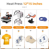 6 in 1 Heat Press Machine, 12" x 15" Professional Sublimation Machine, Heat Press Machine for T-Shirts, 360° Swing Away, 0-410℉, 3 Preset Modes Heat Transfer Machine PioneerWorks