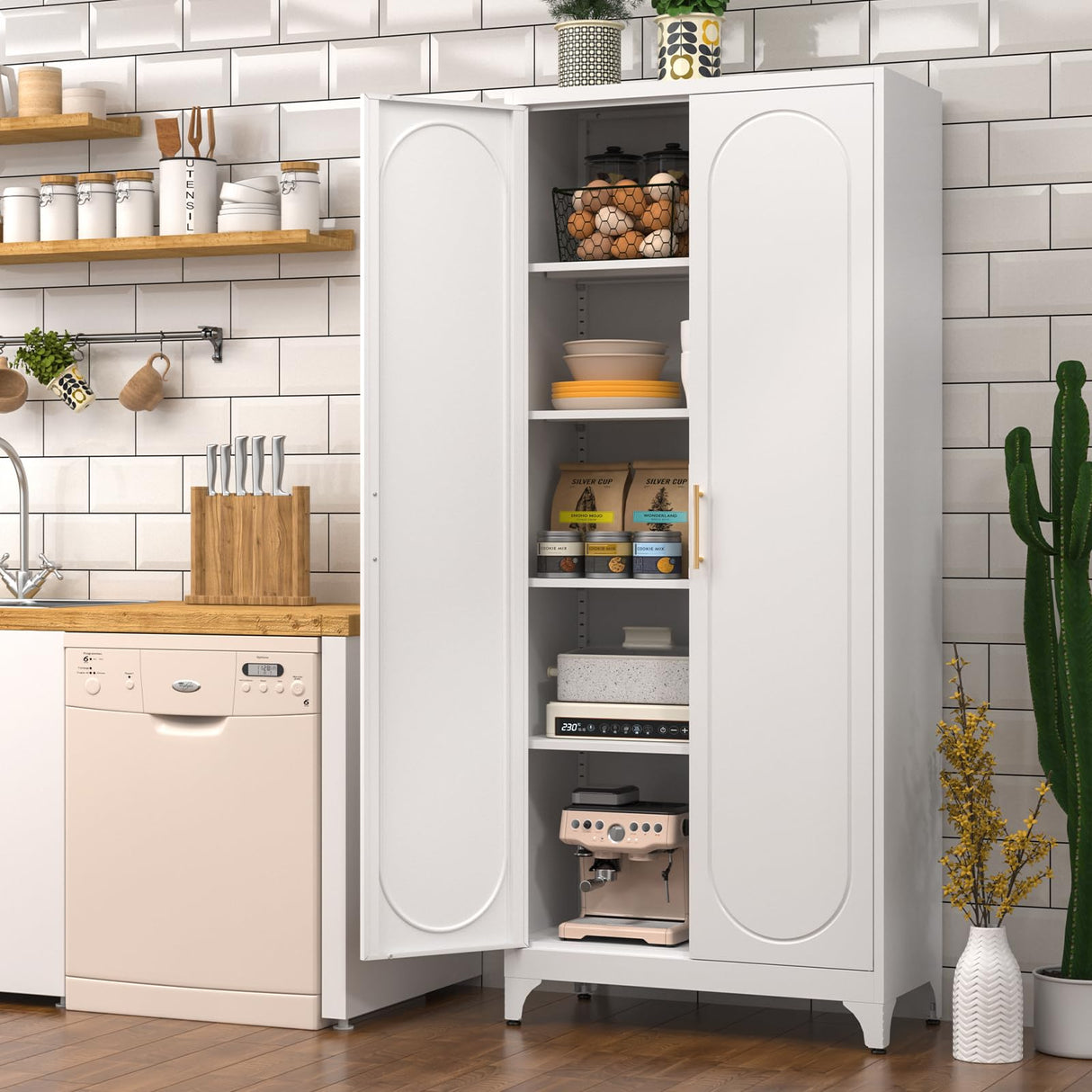 Polup White Kitchen Pantry Cabinet, 75" Tall Metal Pantry Storage Cabinet with Doors and Adjustable Shelves, Food Pantry Cabinets with Handle, Freestanding Cupboard for Living Room-Assemble Required Polup