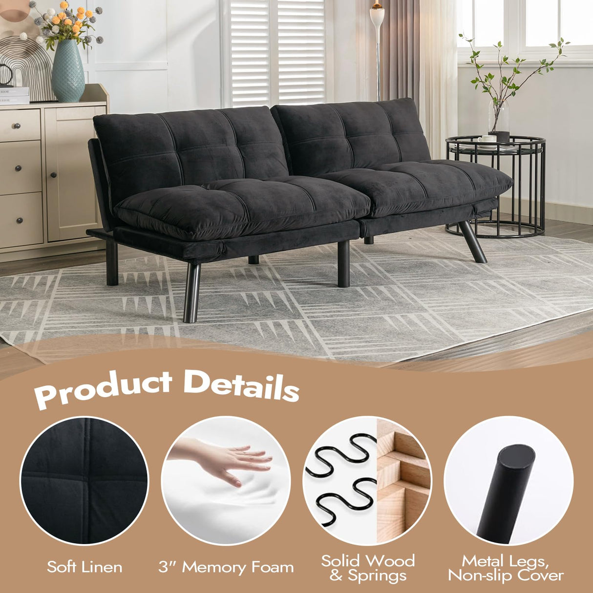 Edbuosy Comfortable Futon Sofa Bed, Memory Foam Loveseat, Convertible Adjustable Sofa Bed CouchSuitable for Office, Home, and Bedroom (Black) Edbuosy