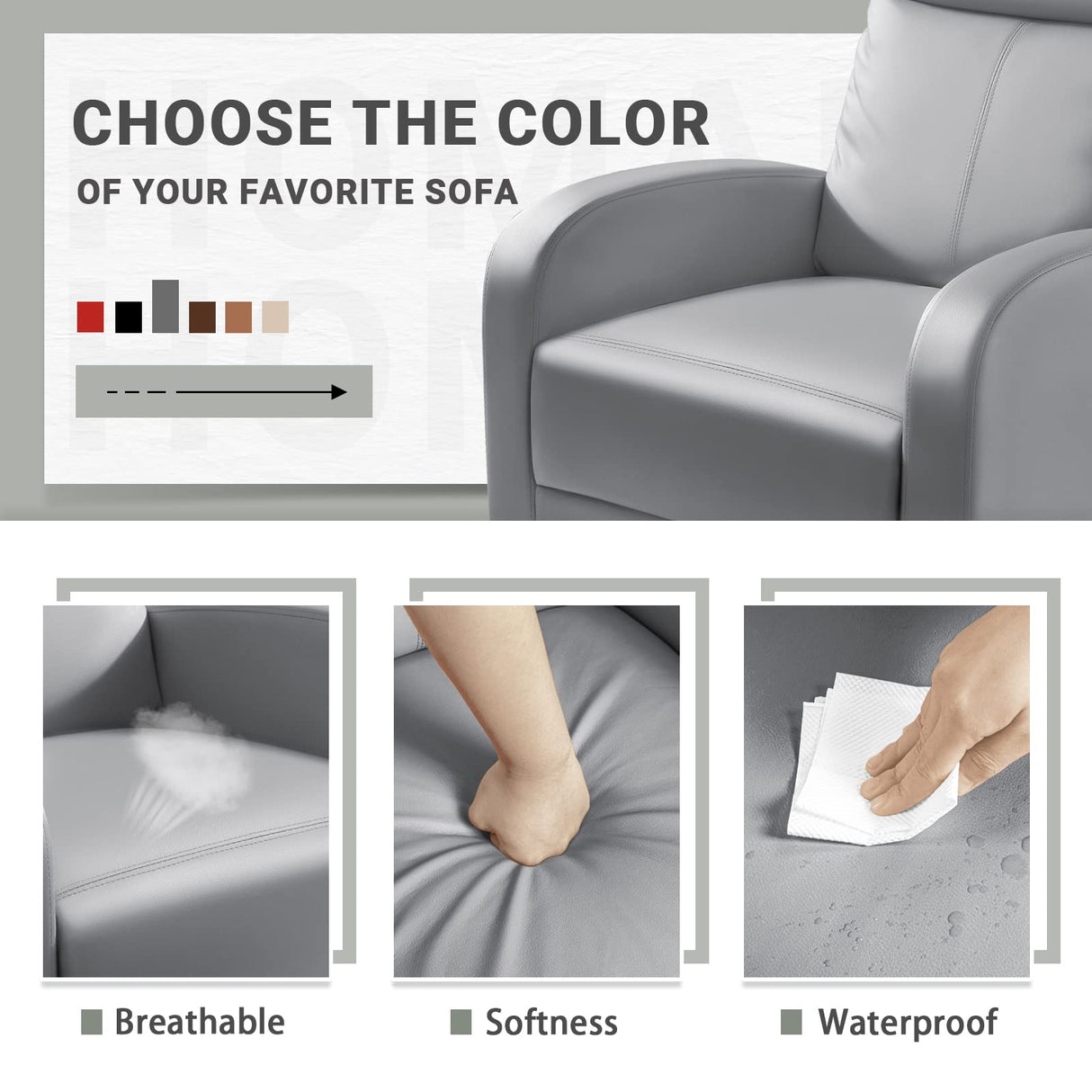 Homall Recliner Chair, Recliner Sofa for Adults, Recliners Home Theater Seating with Lumbar Support, Reclining Sofa Chair for Living Room (Leather, Grey) Homall