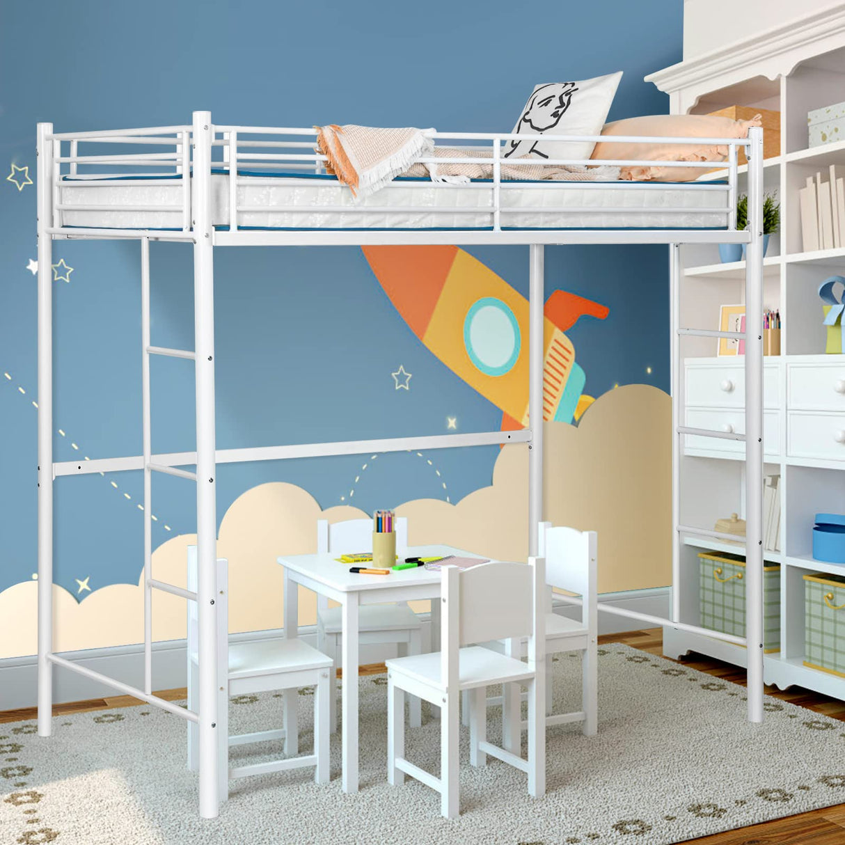Giantex Metal Loft Bed Twin Size, Heavy Duty Loft Bed Frame with 2 Ladders, Twin Over Loft Bunk Bed with Full-Length Guard, Space-Saving Bed Frame for Kids Teens Adults, No Box Spring Needed (White) Giantex