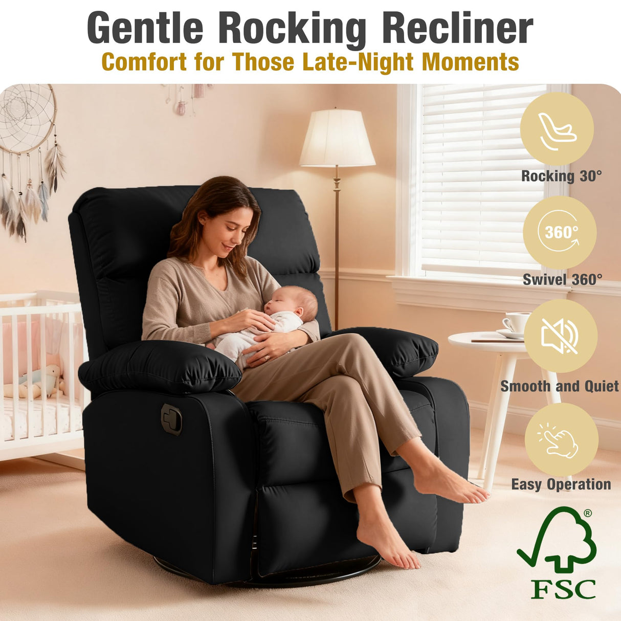 GNMLP2020 Rocking Recliner, 360° Swivel Recliner Chairs for Adults, Small Rocker Recliners for Small Spaces, Living Room, Bedroom, Nursery, RV, Black GNMLP2020