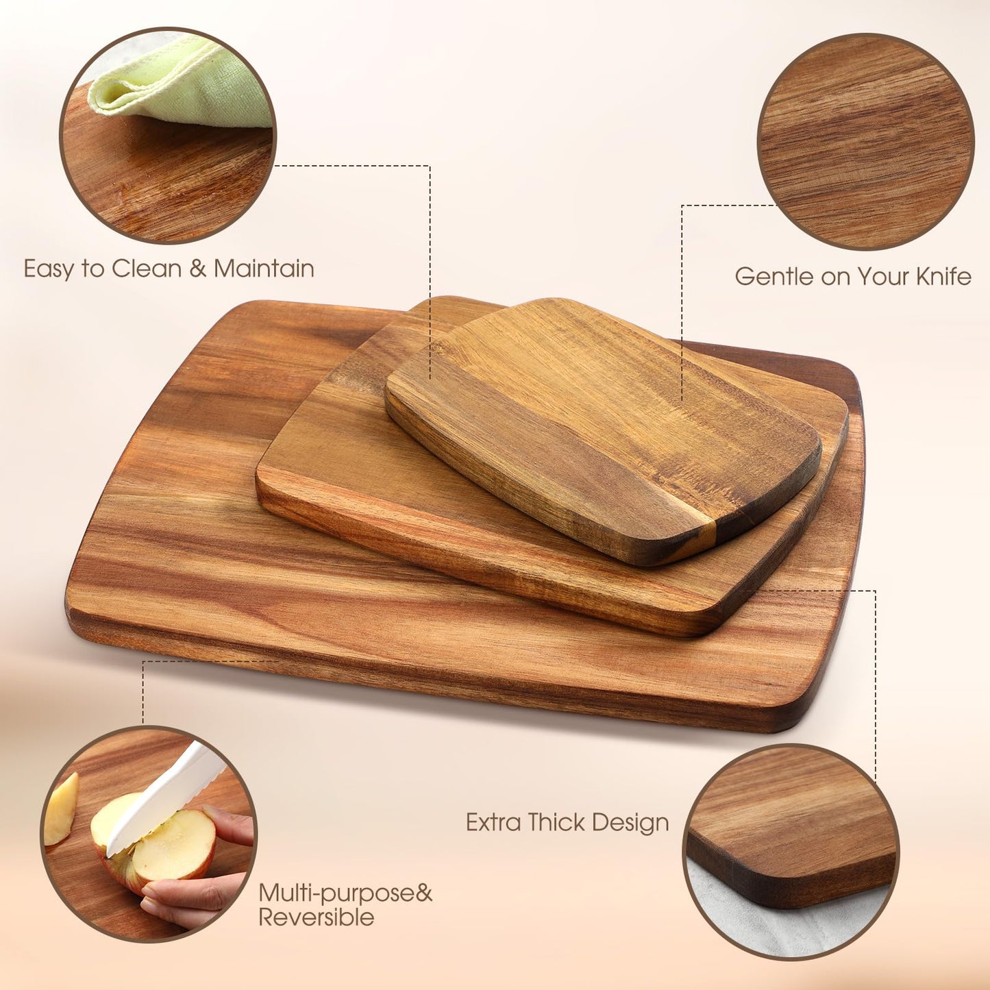 GlikCeil 12 Pcs Thick Acacia Wood Cutting Boards for Kitchen Reversible Wooden Chopping Board Set Double Sided Charcuterie Boards for Meat Cheese Meal, 14 x 11 Inches, 10 x 8 Inches, 8 x 5.5 Inches