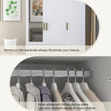 jiteentarou 3 Door Wardrobe Closet with Mirror & LED Lights, Bedroom Armoire with Drawers & Shelves, Modern Wooden Armoire Wardrobe Closet with Hanging Rod for Bedroom, White jiteentarou