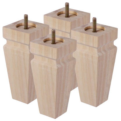 Square Wood Furniture Legs Set of 4 - Wooden Replacement Feet for Couch, Bed, Bench, Dresser, Rubber Wood Parts for Table, Sofa, Wooden Legs Chairs Complete with Installation Hardware, 6 inch Natural