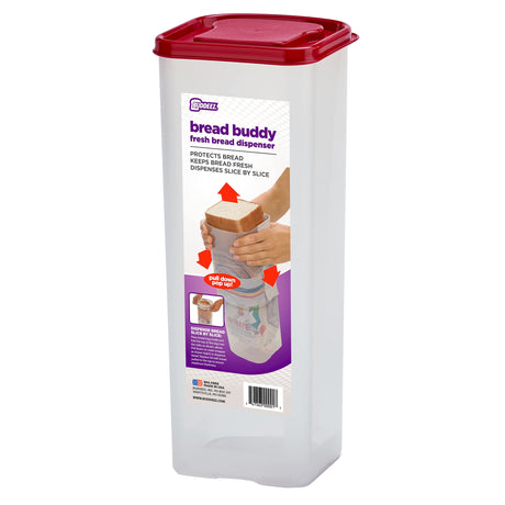 Buddeez Bread Buddy Bread Box – Fresh Bread Storage Container, Plastic Sandwich Bread Dispenser, Red Lid, Pack of 1 Buddeez