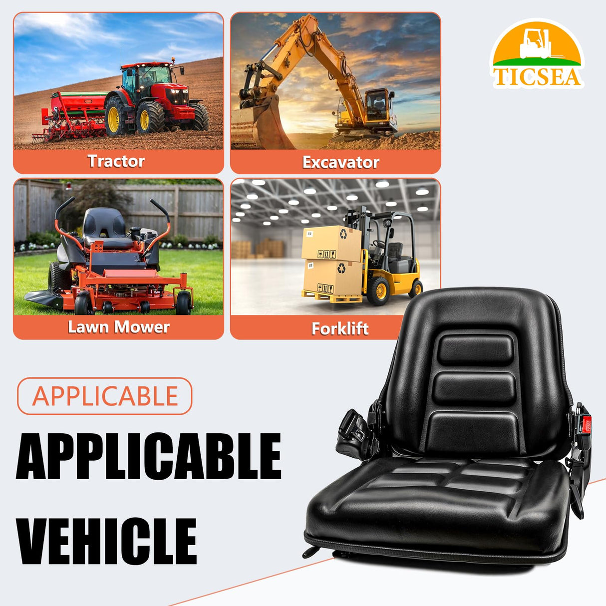 TICSEA Universal Forklift Seat with Adjustable Back,Safety Belt And Operator Position Switch,for Tractor,Excavator Skid Loader Backhoe Dozer Telehandler TICSEA