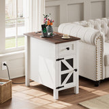HAIOOU Farmhouse End Table with Charging Station, Narrow White Side Tables with Storage Cabinet and Drawer, Wood Nightstand with Power Outlets & USB Ports for Bedroom, Living Room HAIOOU