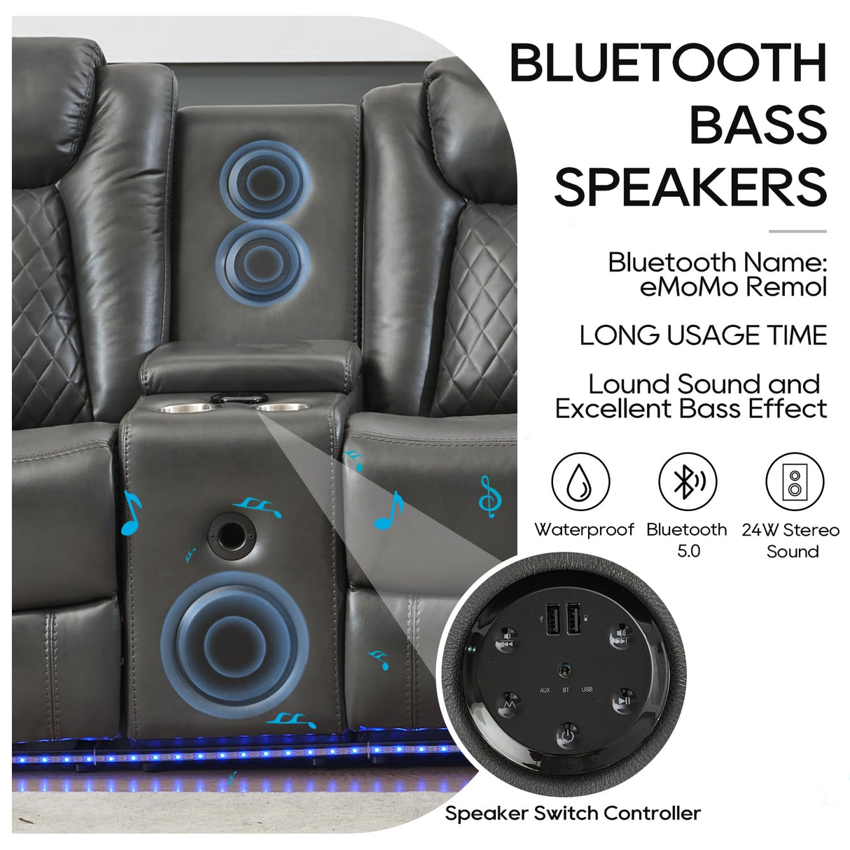 Power Recliner Sectional Sofa with Bass Speaker,Wireless Charger,Electric Reclining Sectional Sofa with 2 Faux Leather Recliner,LED Strip,Reading Light,Type-C USB Port,Cup Holder,Storage Console Gray Comfort Stretch