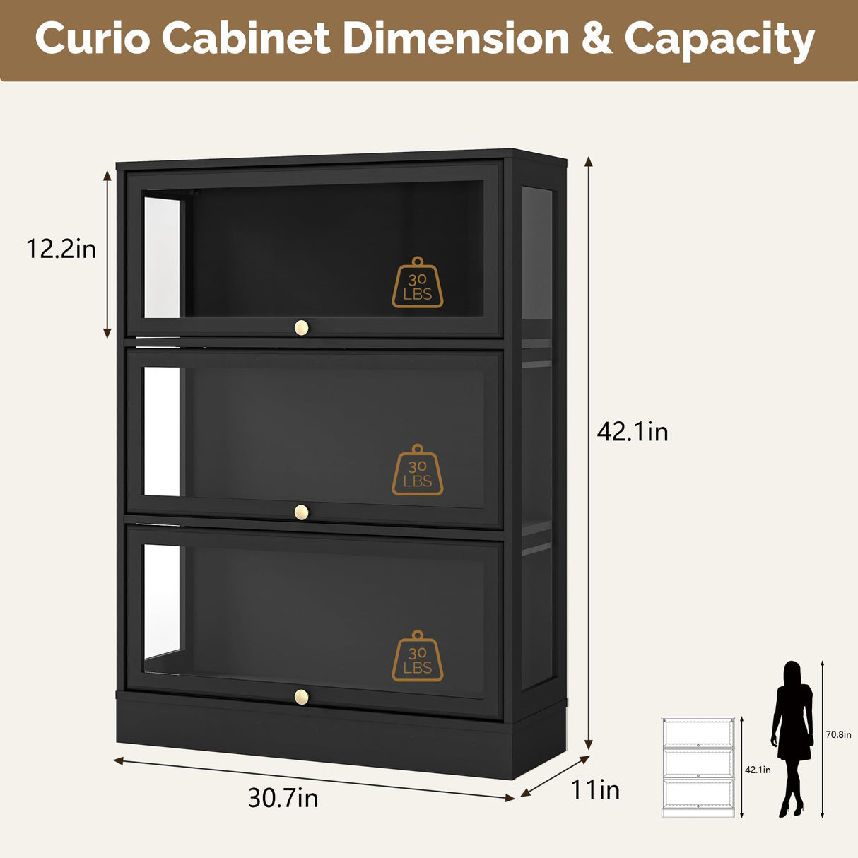 BONITURE Display Cabinet with Acrylic Glass Doors,3-Tiers Curio Cabinet with LED Lighting for Collectibles, Collectibles Toy Organizers Rack & Display Shelf Display Case Storage Cabinet, Black BONITURE