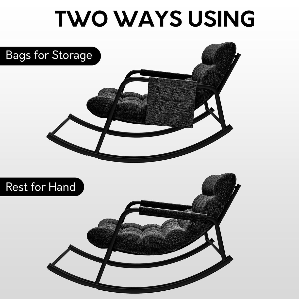 lavimiya Rocking Papasan Chair, Indoor Outdoor Patio Rocking Chairs, Double Papasan Chair with Cushion, Oversized Modern Rocker Chairs for Living Room, Bedroom, Porch, Garden Black lavimiya