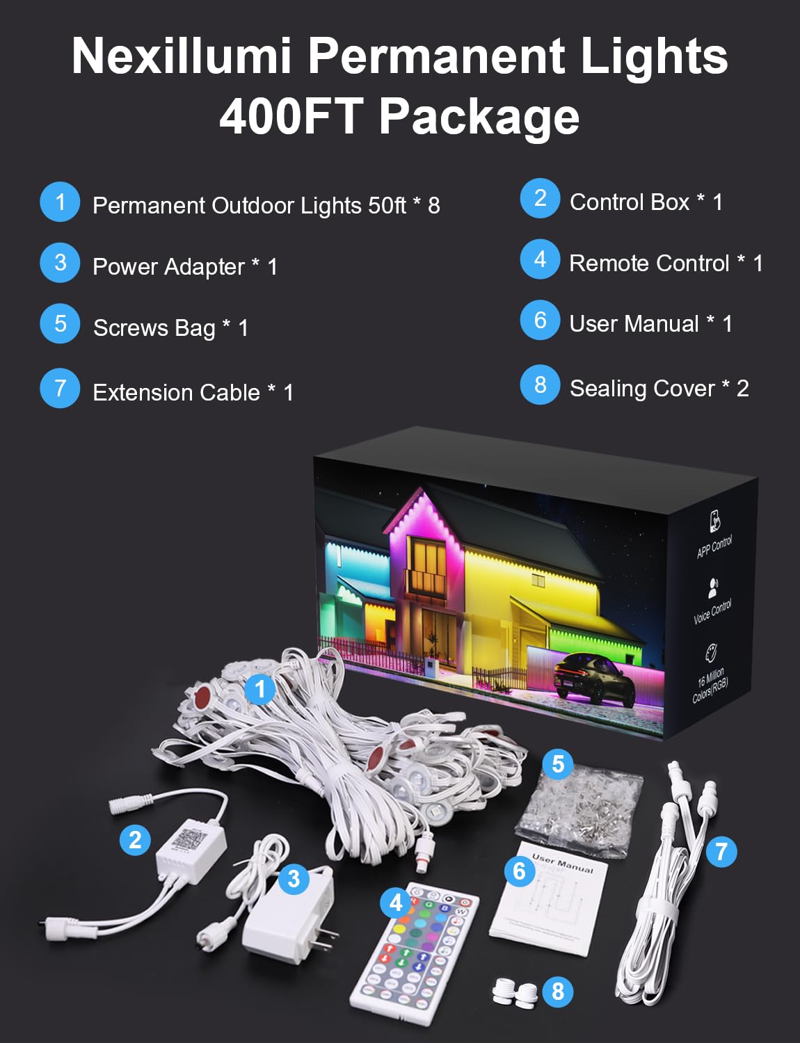 Nexillumi 400ft Permanent Outdoor Lights for House, 2025 New Smart RGB Christmas Lights Outdoor with APP Remote Control, IP67 Waterproof Eternity Eaves Lighting for Halloween Christmas Decorations Nexillumi