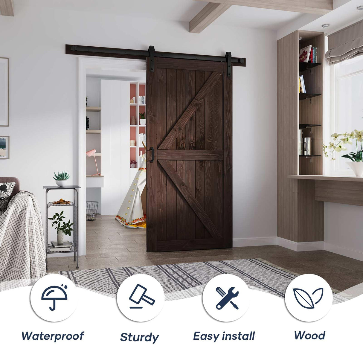 FREDBECK 42in x 84in Brown Barn Door with 7ft (84inch) Barn Door Hardware Track Kit and Handle Included, Double Surfaces,Simple Assembly is Required,K-Frame,Coffee FREDBECK