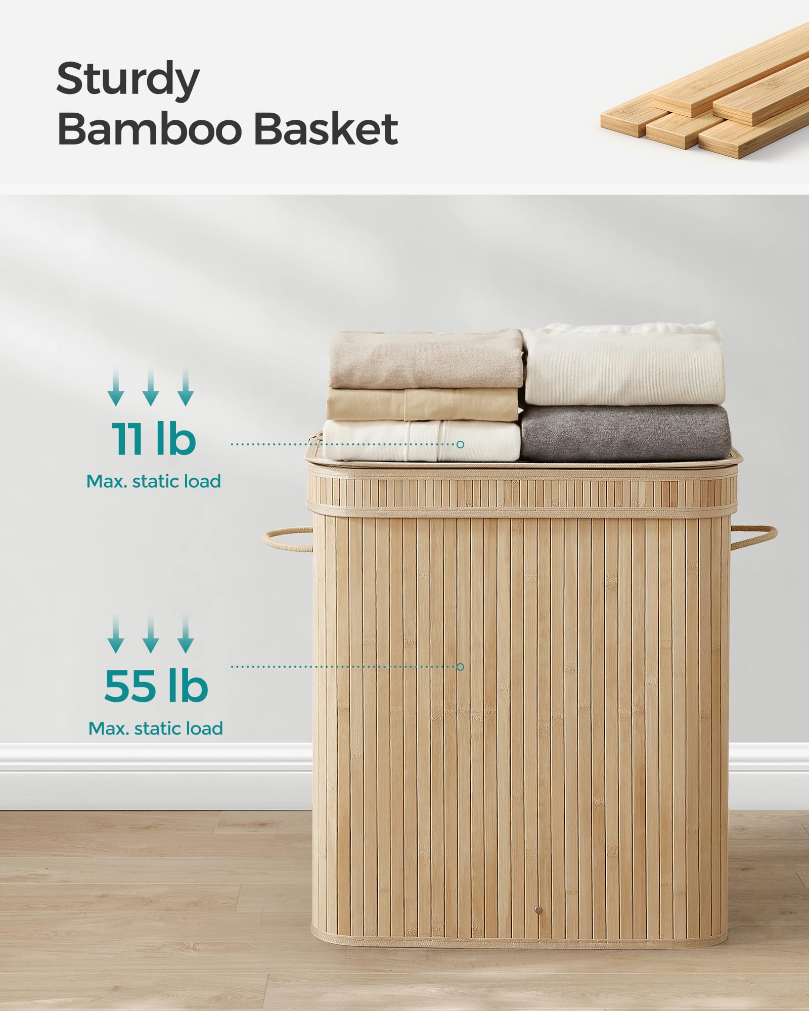 SONGMICS Laundry Hamper with Lid, Bamboo Laundry Basket, Removable Machine Washable Laundry Basket, with Handles, 26.4-Gallons, for Laundry Room, Bedroom, Bathroom, Natural ULCB063N01 - WoodArtSupply