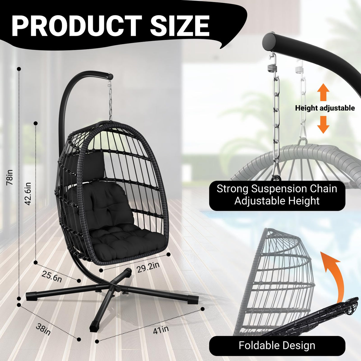 LEVELEVE Egg Chair with Stand,Patio Rattan Wicker Hanging Swing Egg Chair Hammock Chair for Bedroom Porch Garden,Thickened Aluminum Alloy Steel Frame and UV Resistant Cushion,350LBS Capacity LEVELEVE