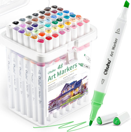Ohuhu Markers, 48-color Art Marker Set for Architectural Design - Landscape Double Tipped Alcohol Markers - Chisel & Fine Alcohol-based Drawing Marker for Artists Students' Art Class Adults Coloring Ohuhu